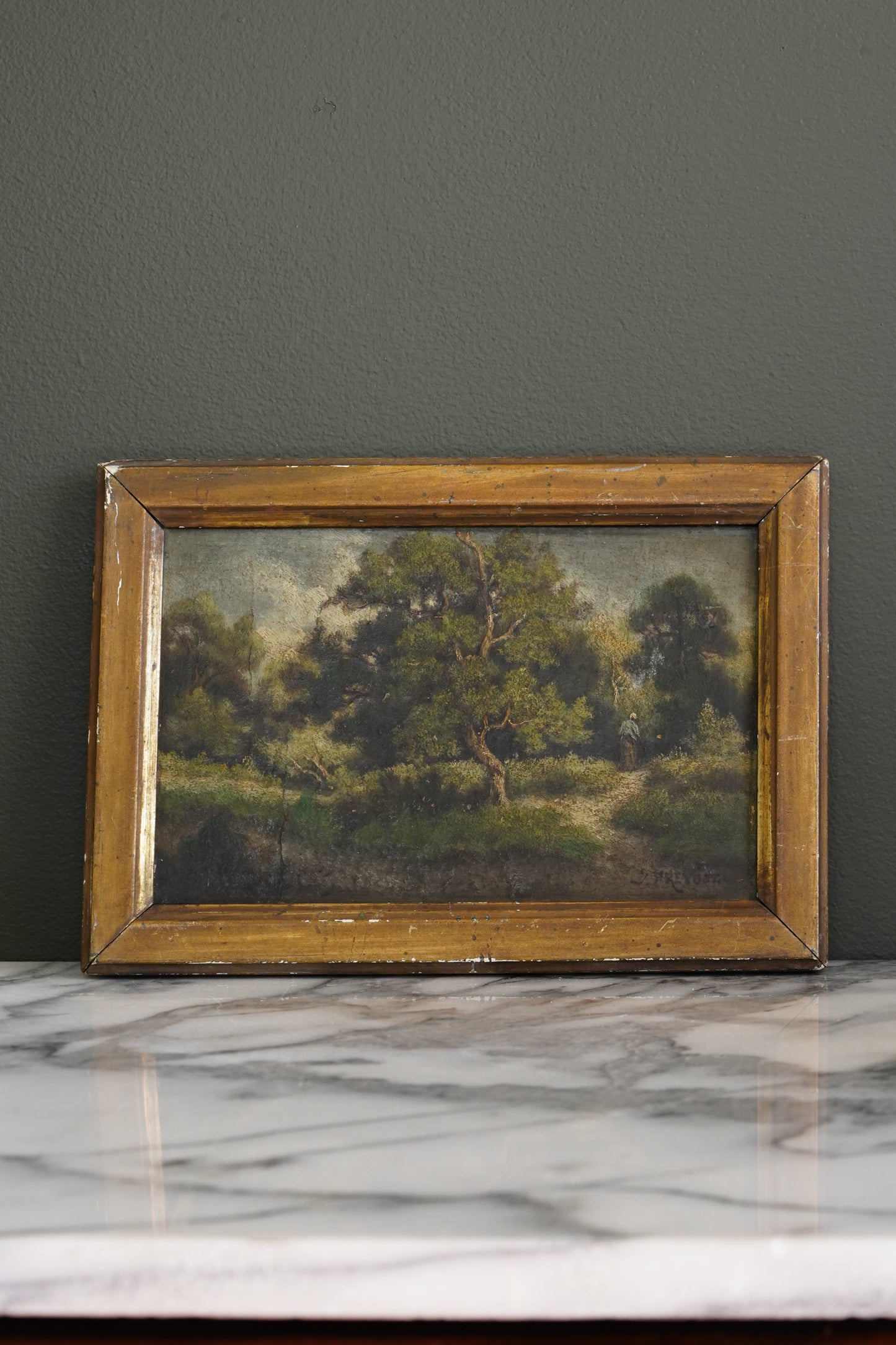 19th Century French Wooded Landscape with Figure on a Path, Oil on Panel