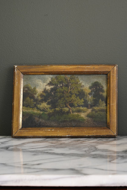 19th Century French Wooded Landscape with Figure on a Path, Oil on Panel