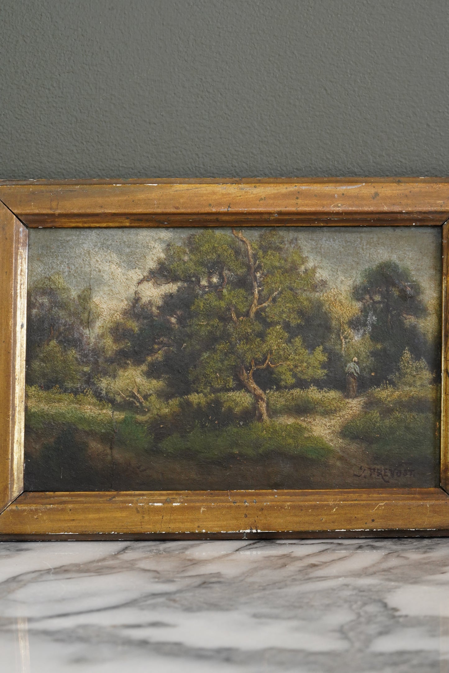 19th Century French Wooded Landscape with Figure on a Path, Oil on Panel