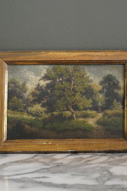 19th Century French Wooded Landscape with Figure on a Path, Oil on Panel