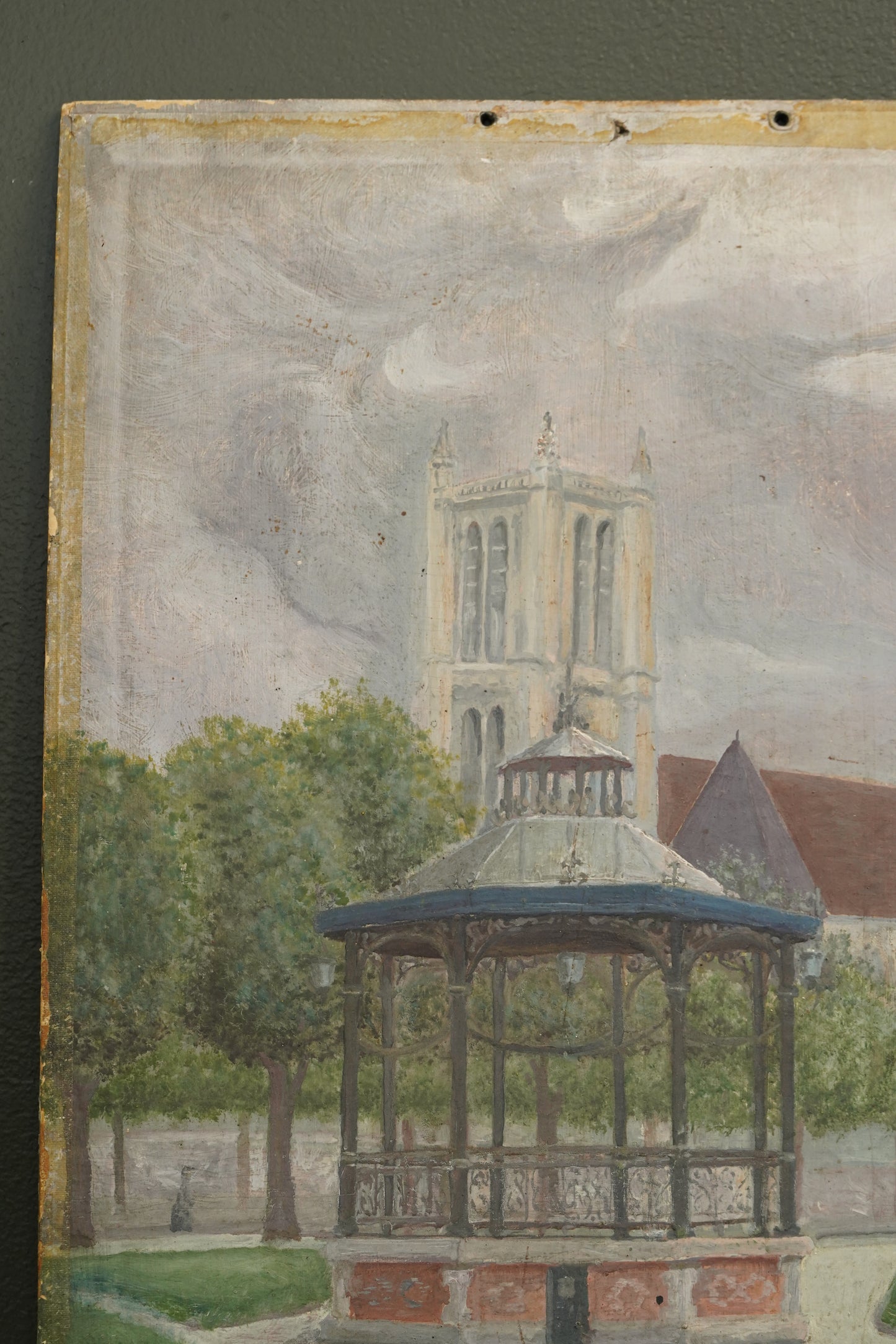 French Naïve Oil Painting Town Square with Bandstand, Signed Polard