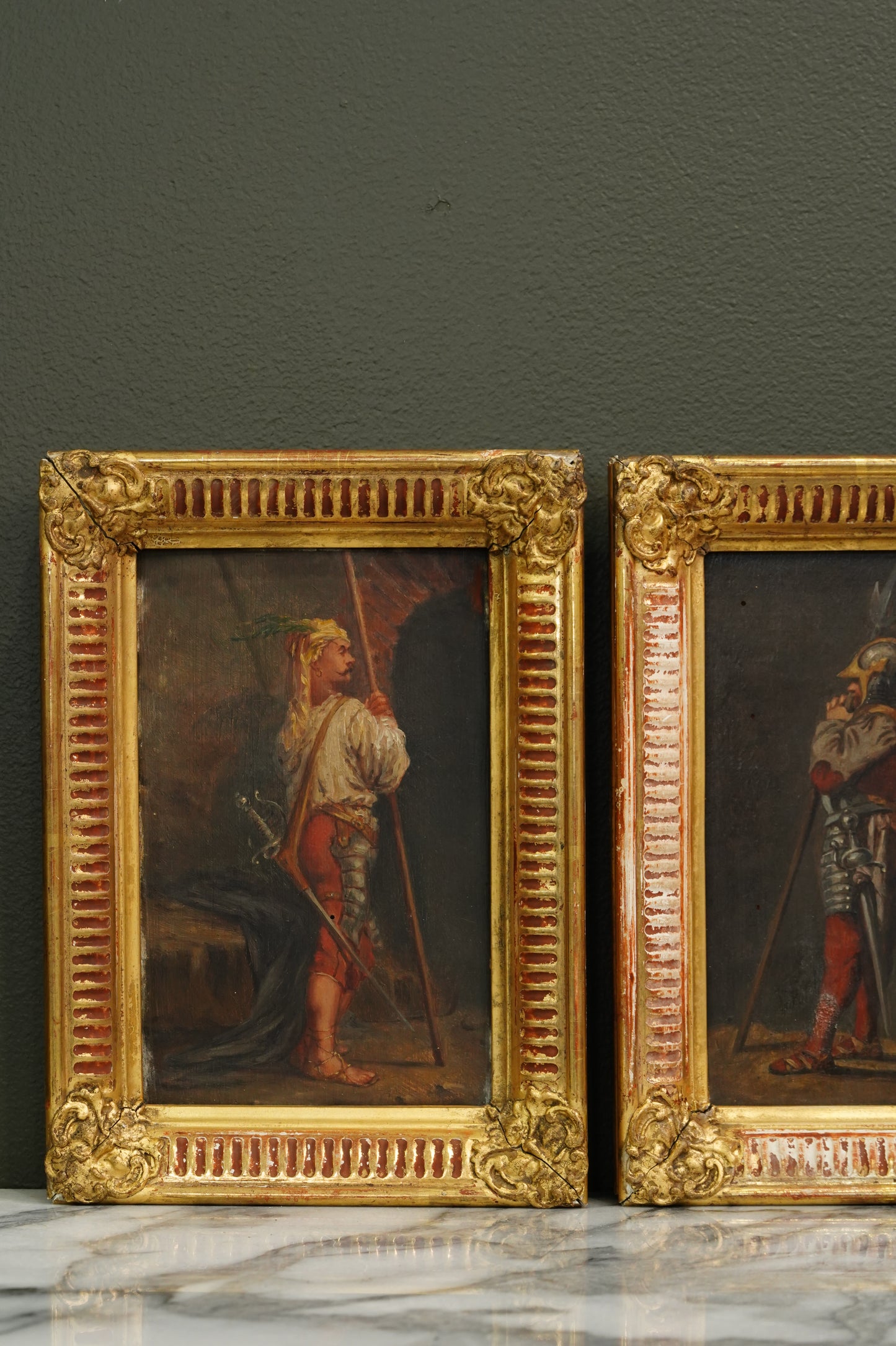 Pair 19th Century Continental School Warrior Cabinet Paintings after Salvator Rosa