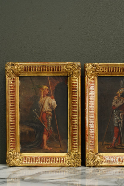 Pair 19th Century Continental School Warrior Cabinet Paintings after Salvator Rosa