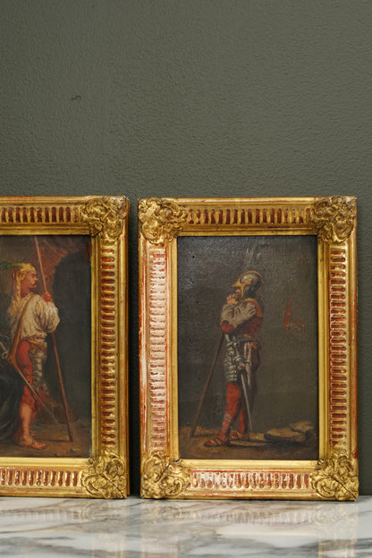 Pair 19th Century Continental School Warrior Cabinet Paintings after Salvator Rosa
