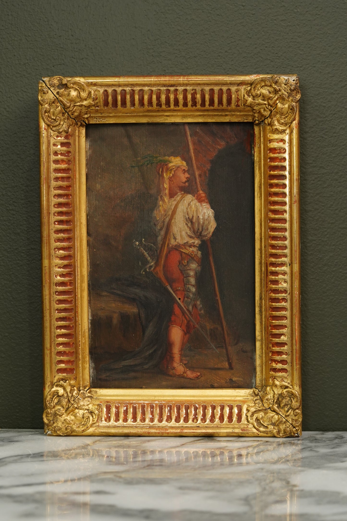Pair 19th Century Continental School Warrior Cabinet Paintings after Salvator Rosa