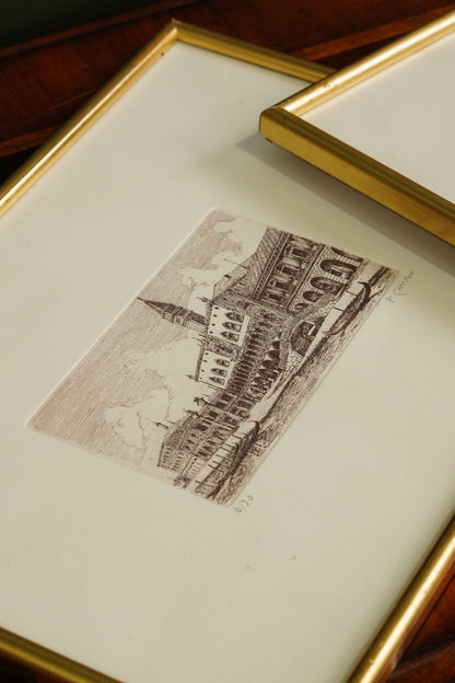Pair of Italian Venetian Veduta Etchings, Signed and Numbered, 20th Century
