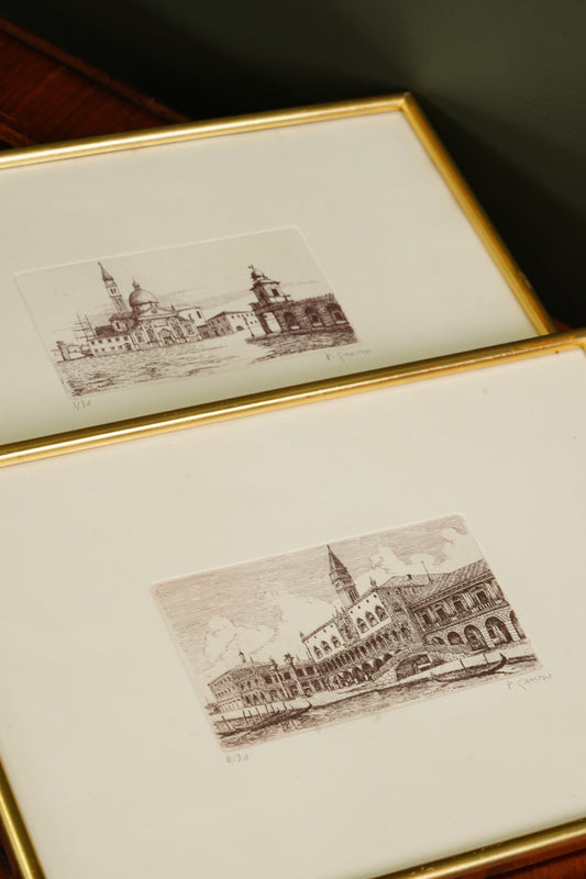 Pair of Italian Venetian Veduta Etchings, Signed and Numbered, 20th Century