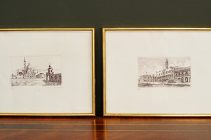 Pair of Italian Venetian Veduta Etchings, Signed and Numbered, 20th Century
