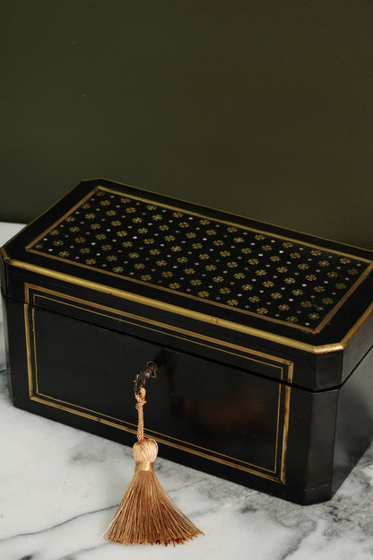 French Napoleon III Ebonized Tea Caddy with Mother of Pearl and Brass Inlay, Circa 1870
