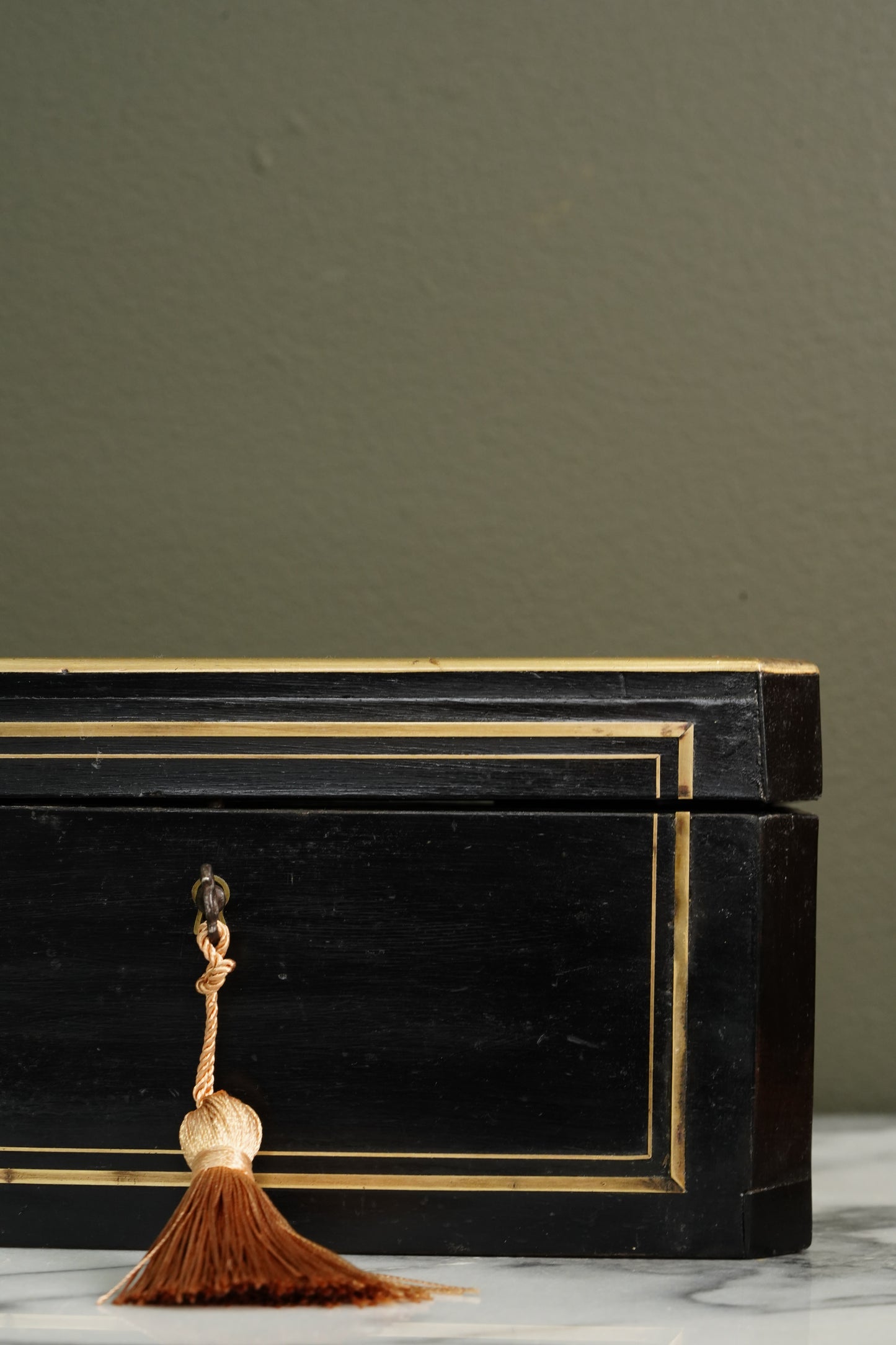 French Napoleon III Ebonized Tea Caddy with Mother of Pearl and Brass Inlay, Circa 1870