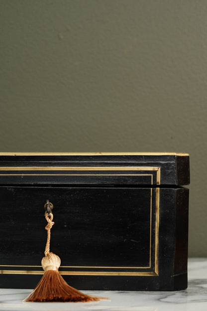 French Napoleon III Ebonized Tea Caddy with Mother of Pearl and Brass Inlay, Circa 1870