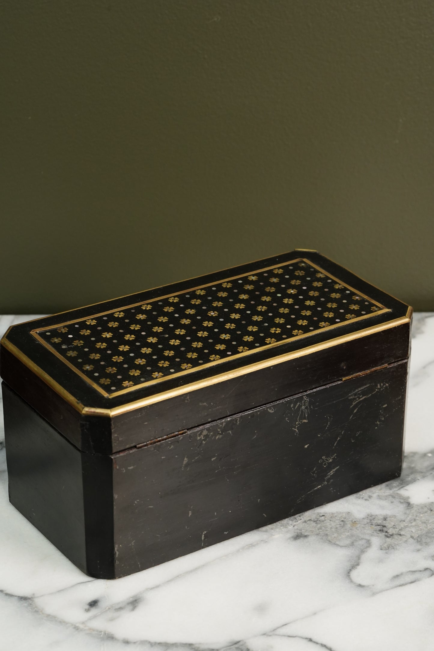 French Napoleon III Ebonized Tea Caddy with Mother of Pearl and Brass Inlay, Circa 1870