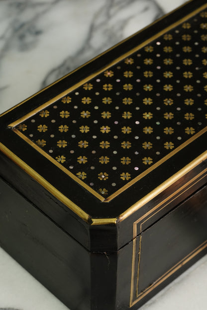 French Napoleon III Ebonized Tea Caddy with Mother of Pearl and Brass Inlay, Circa 1870