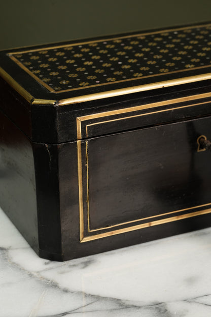 French Napoleon III Ebonized Tea Caddy with Mother of Pearl and Brass Inlay, Circa 1870