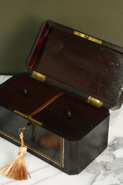 French Napoleon III Ebonized Tea Caddy with Mother of Pearl and Brass Inlay, Circa 1870