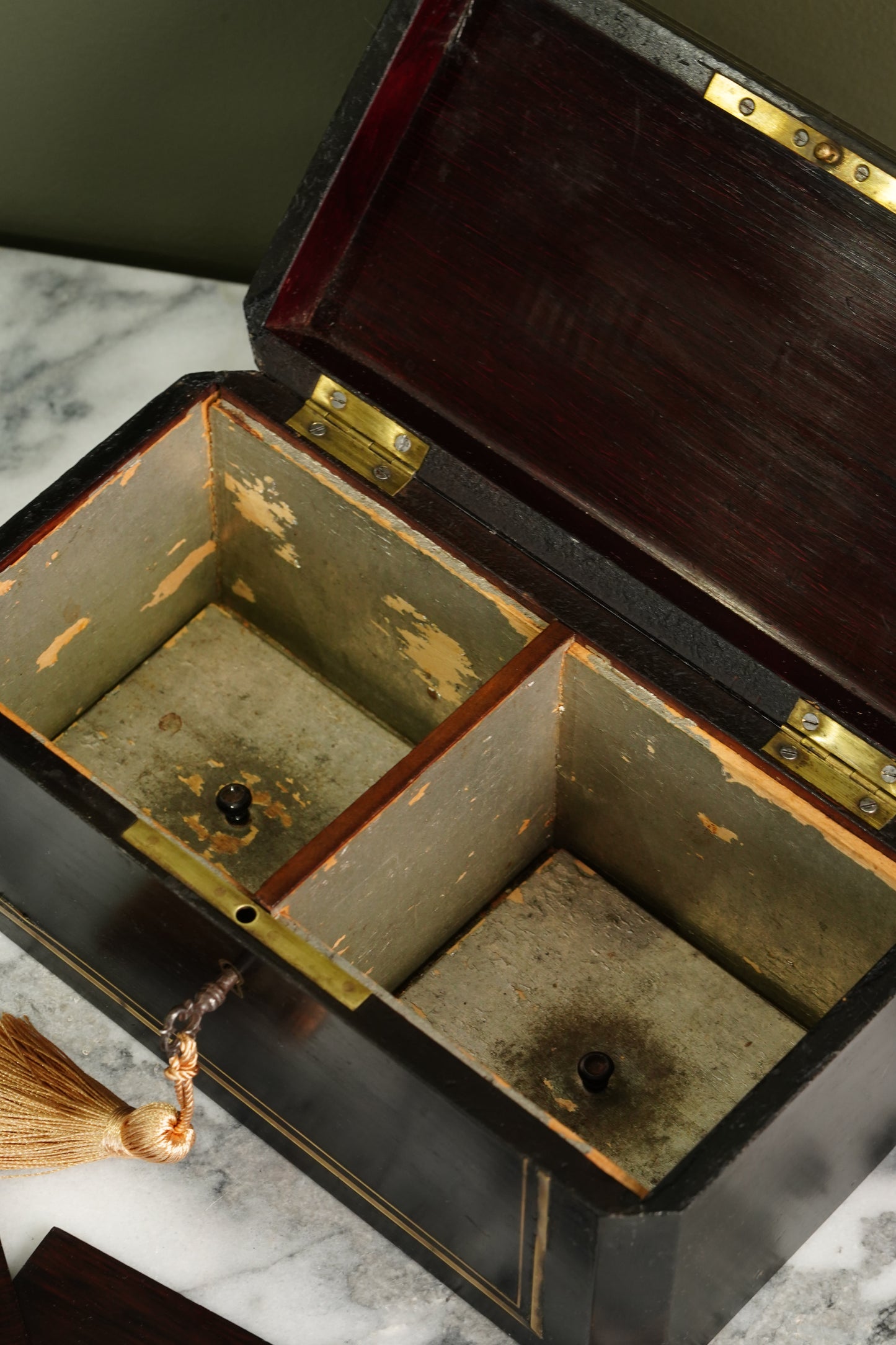 French Napoleon III Ebonized Tea Caddy with Mother of Pearl and Brass Inlay, Circa 1870