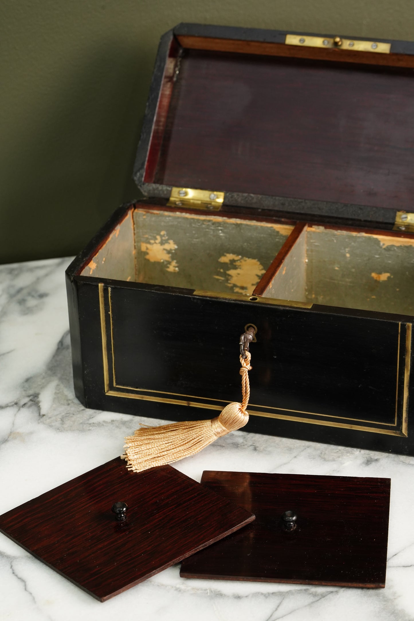 French Napoleon III Ebonized Tea Caddy with Mother of Pearl and Brass Inlay, Circa 1870