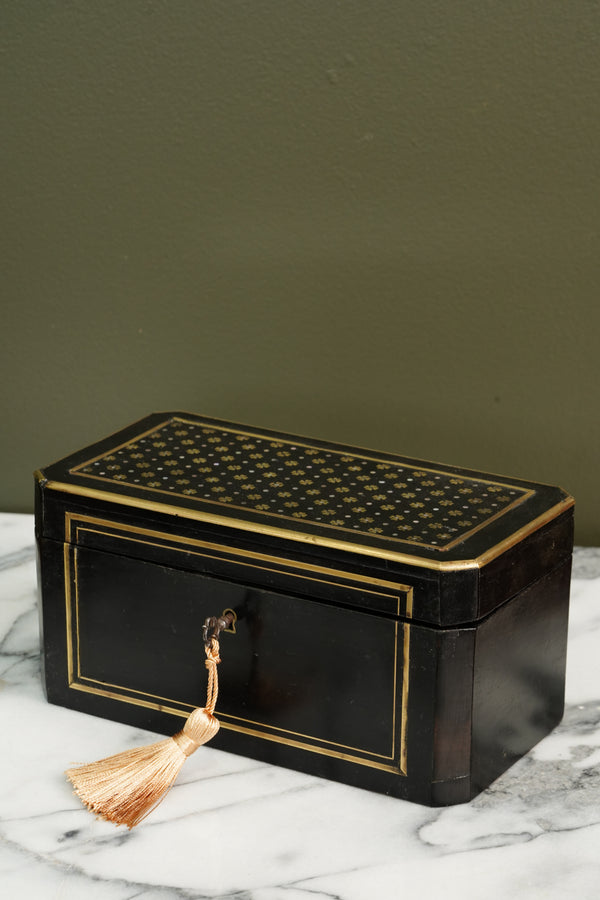 French Napoleon III Ebonized Tea Caddy with Mother of Pearl and Brass Inlay, Circa 1870 secondary view