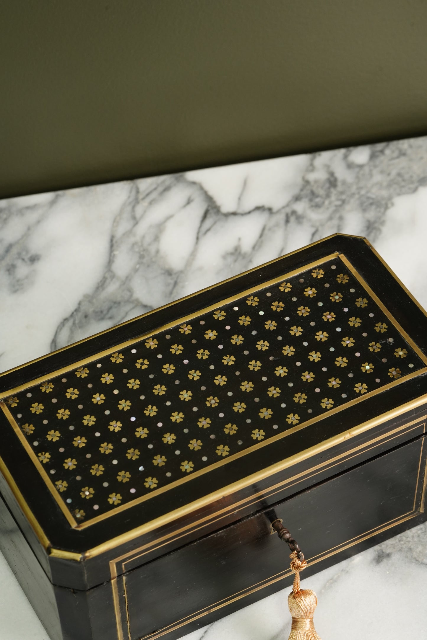 French Napoleon III Ebonized Tea Caddy with Mother of Pearl and Brass Inlay, Circa 1870