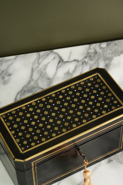 French Napoleon III Ebonized Tea Caddy with Mother of Pearl and Brass Inlay, Circa 1870