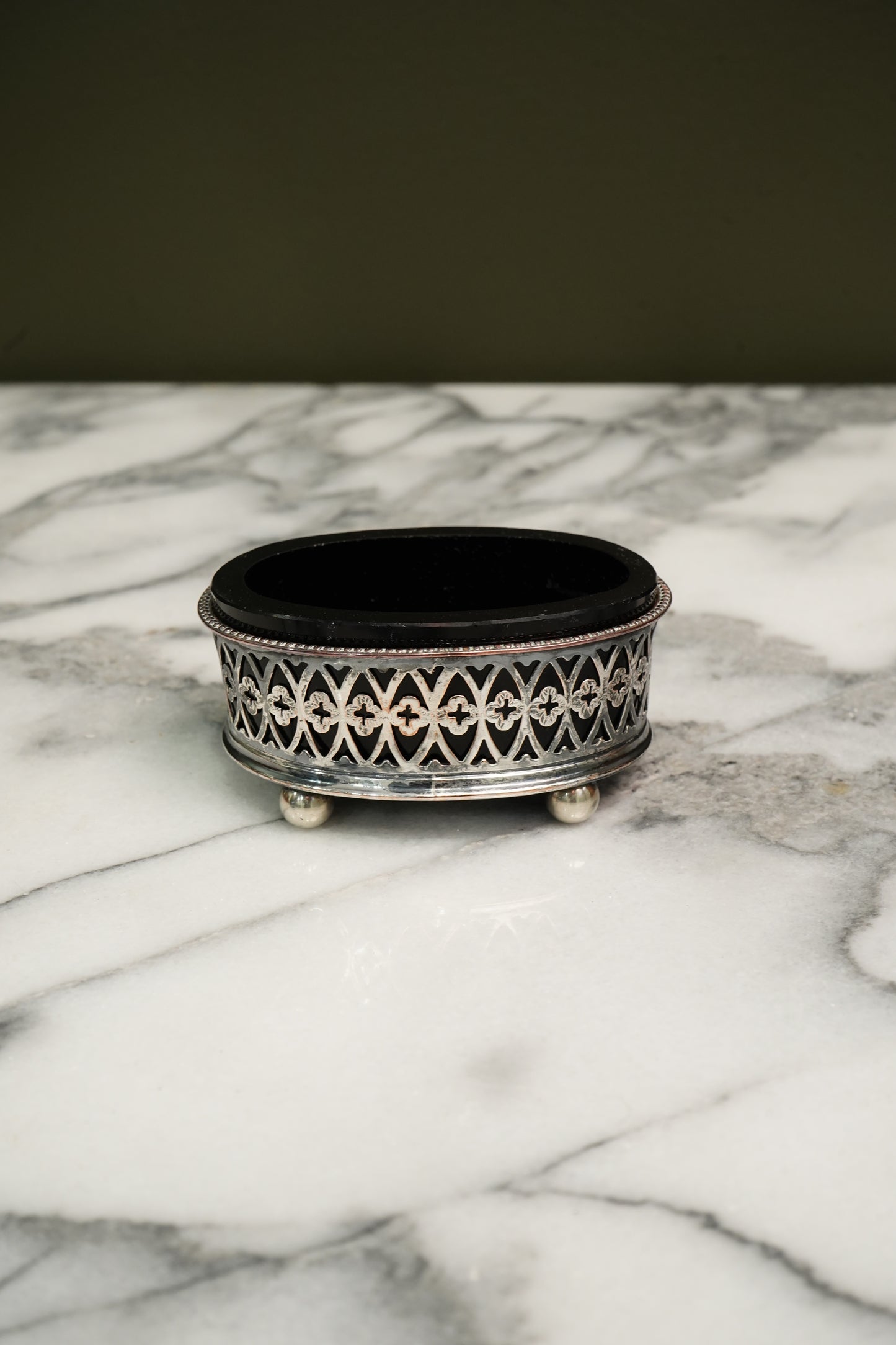 Antique French Silver Plate Salt Cellar Cobalt Glass Liner Gothic Ca. 1880