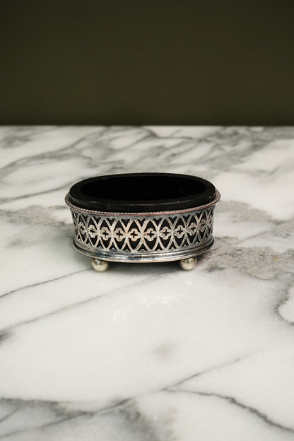 Antique French Silver Plate Salt Cellar Cobalt Glass Liner Gothic Ca. 1880