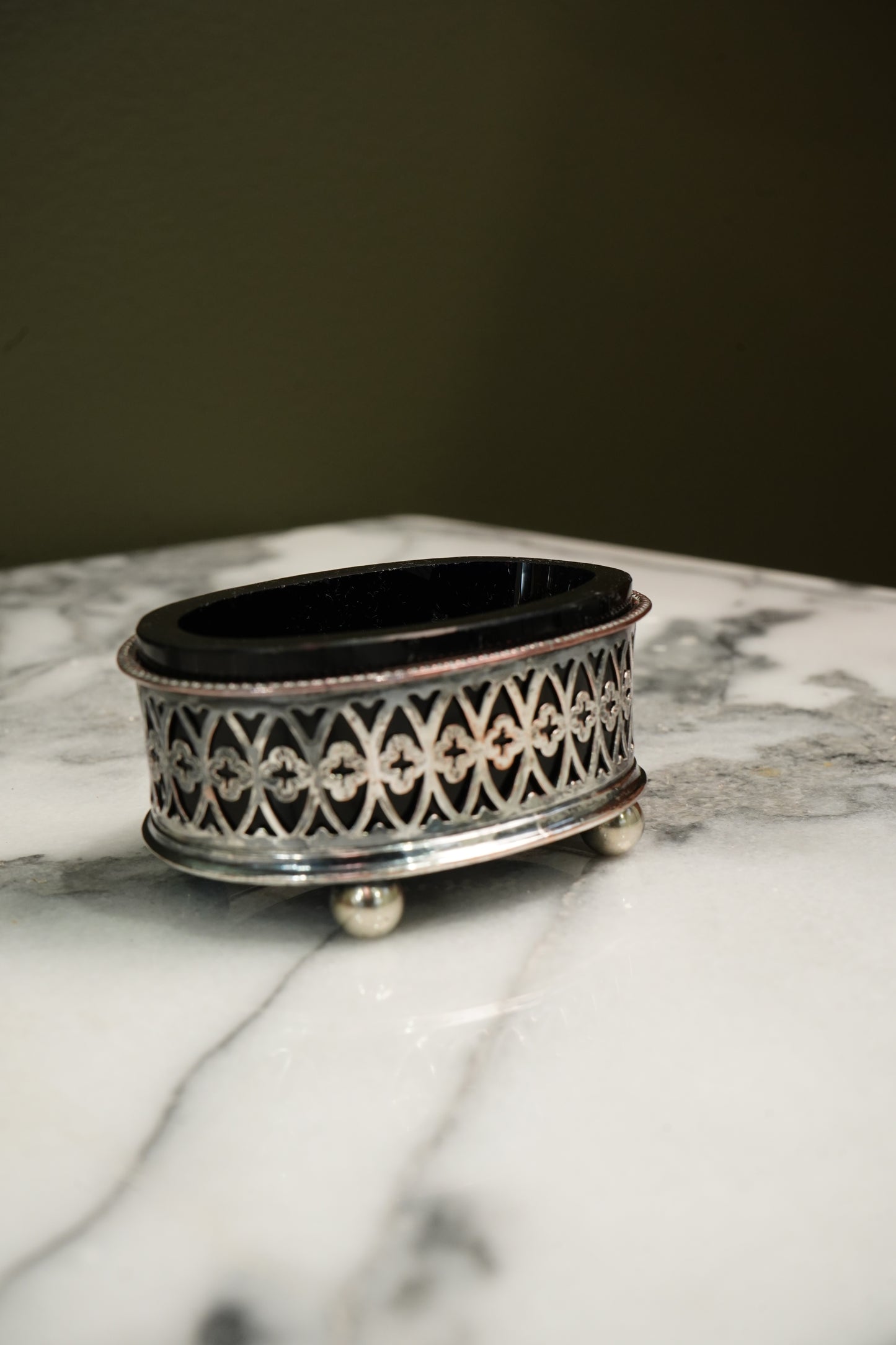 Antique French Silver Plate Salt Cellar Cobalt Glass Liner Gothic Ca. 1880