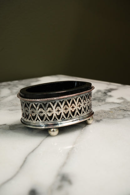 Antique French Silver Plate Salt Cellar Cobalt Glass Liner Gothic Ca. 1880