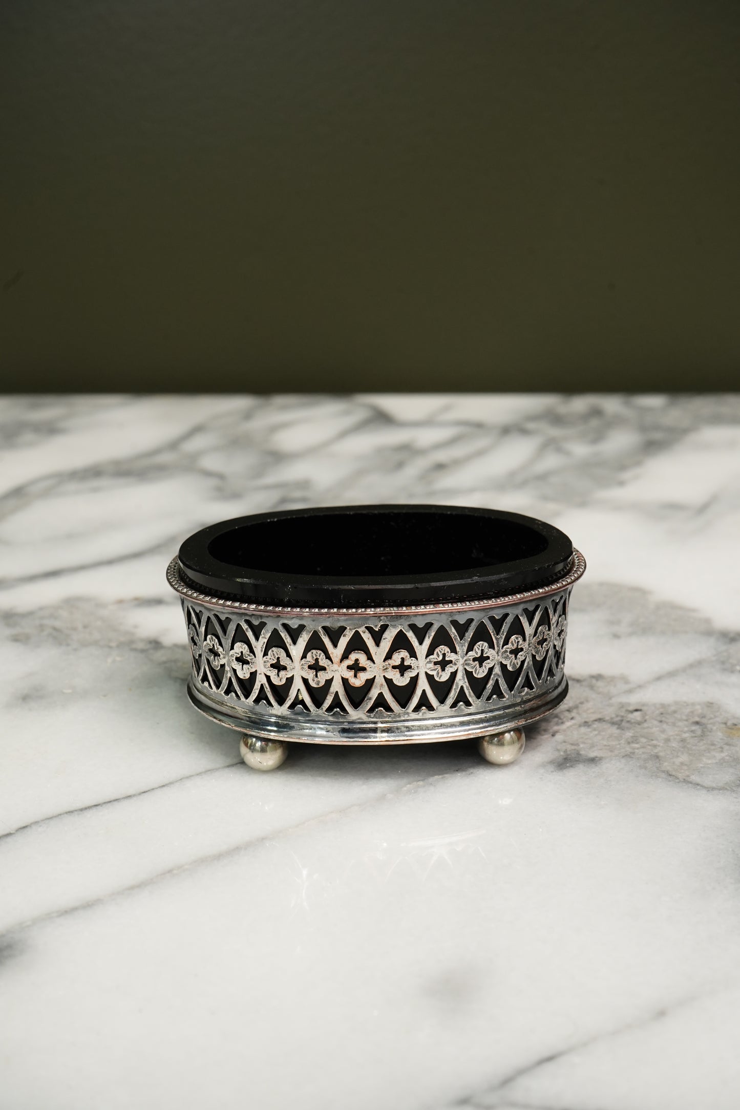 Antique French Silver Plate Salt Cellar Cobalt Glass Liner Gothic Ca. 1880