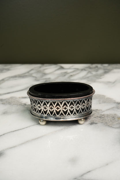 Antique French Silver Plate Salt Cellar Cobalt Glass Liner Gothic Ca. 1880