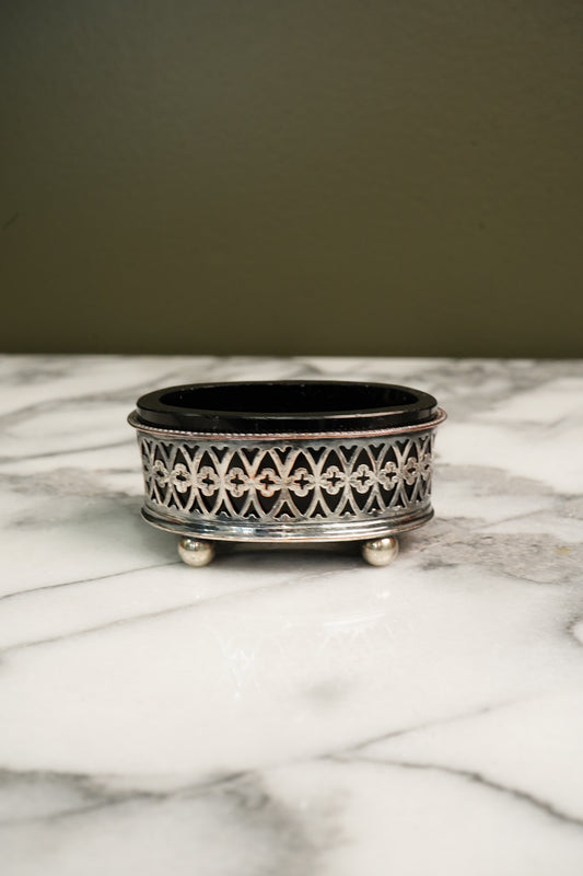 Antique French Silver Plate Salt Cellar Cobalt Glass Liner Gothic Ca. 1880