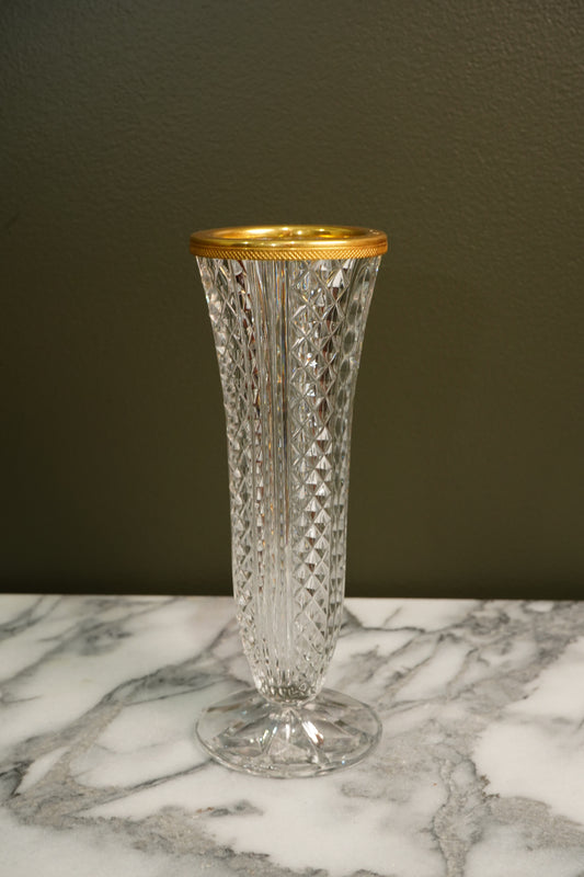 Antique Cut Crystal Bud Vase Gilt Brass Rim Continental Ca. 1900