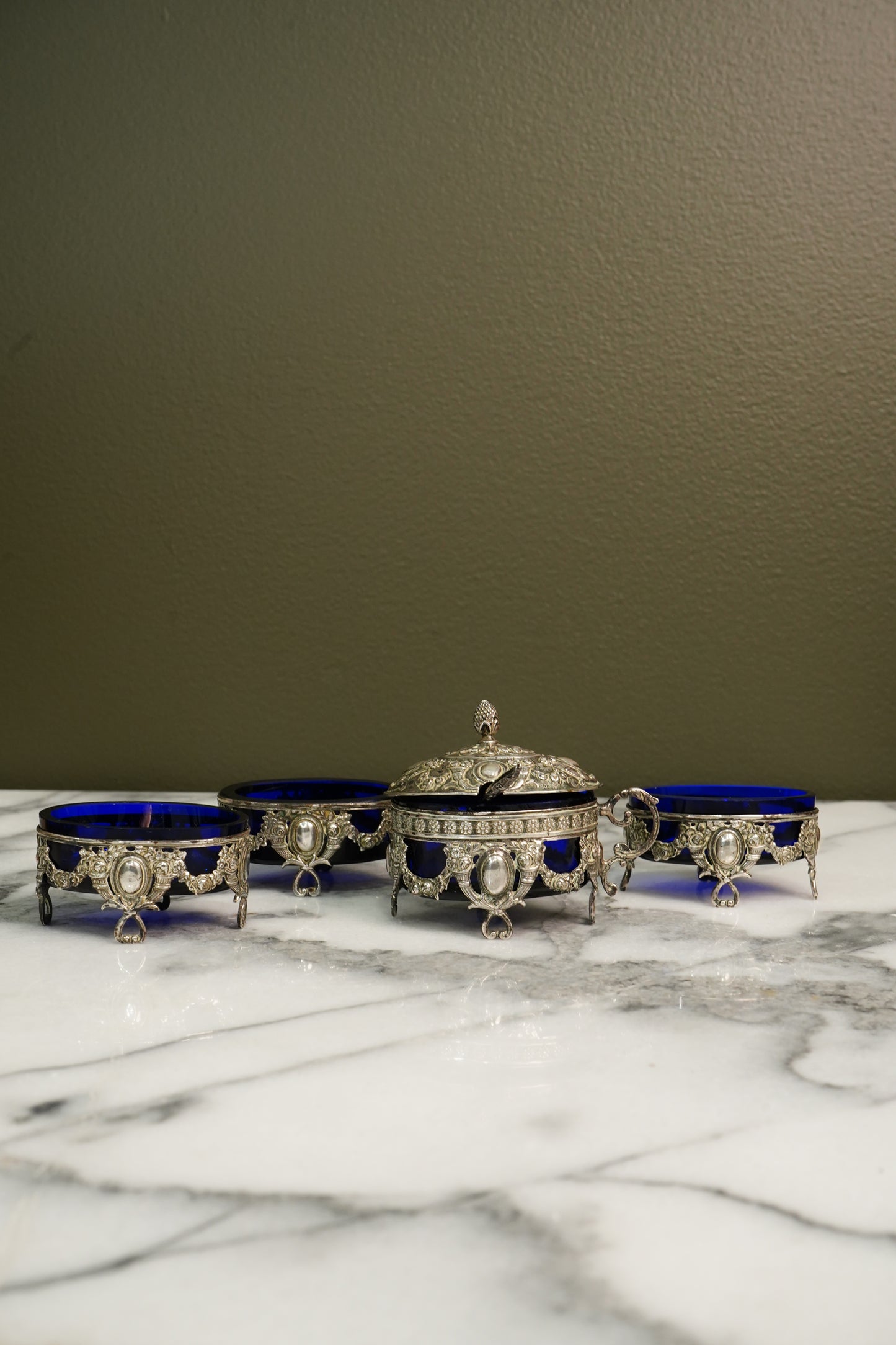 Antique 800 Silver Cobalt Glass Salt Cellar Set Hanau Ca. 1900