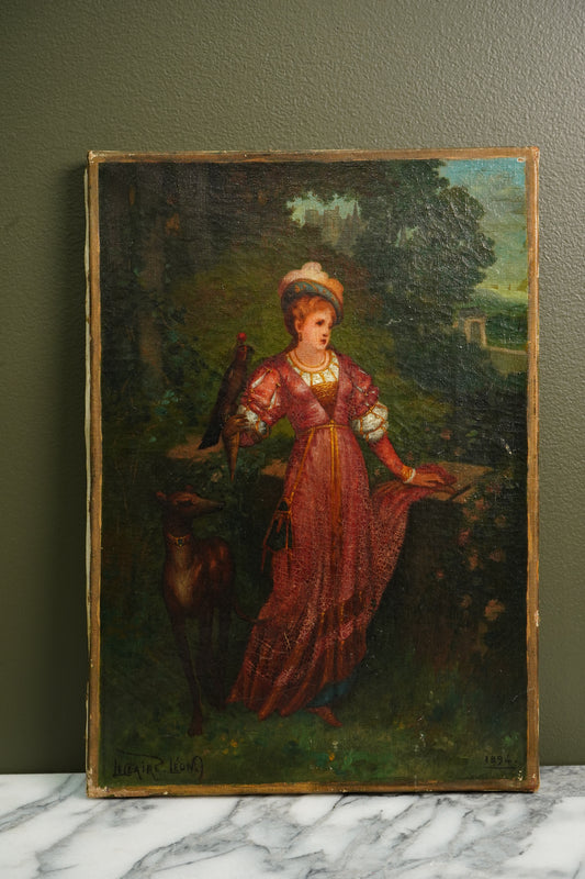 Signed 1894 French Oil Painting Woman with Parrot and Greyhound