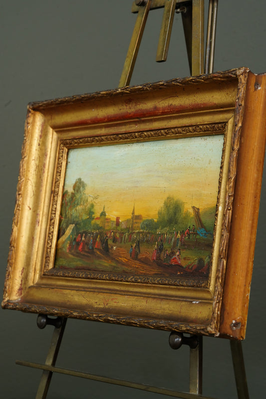 French School Riverside Festival Scene, Oil on Panel, Circa 1860