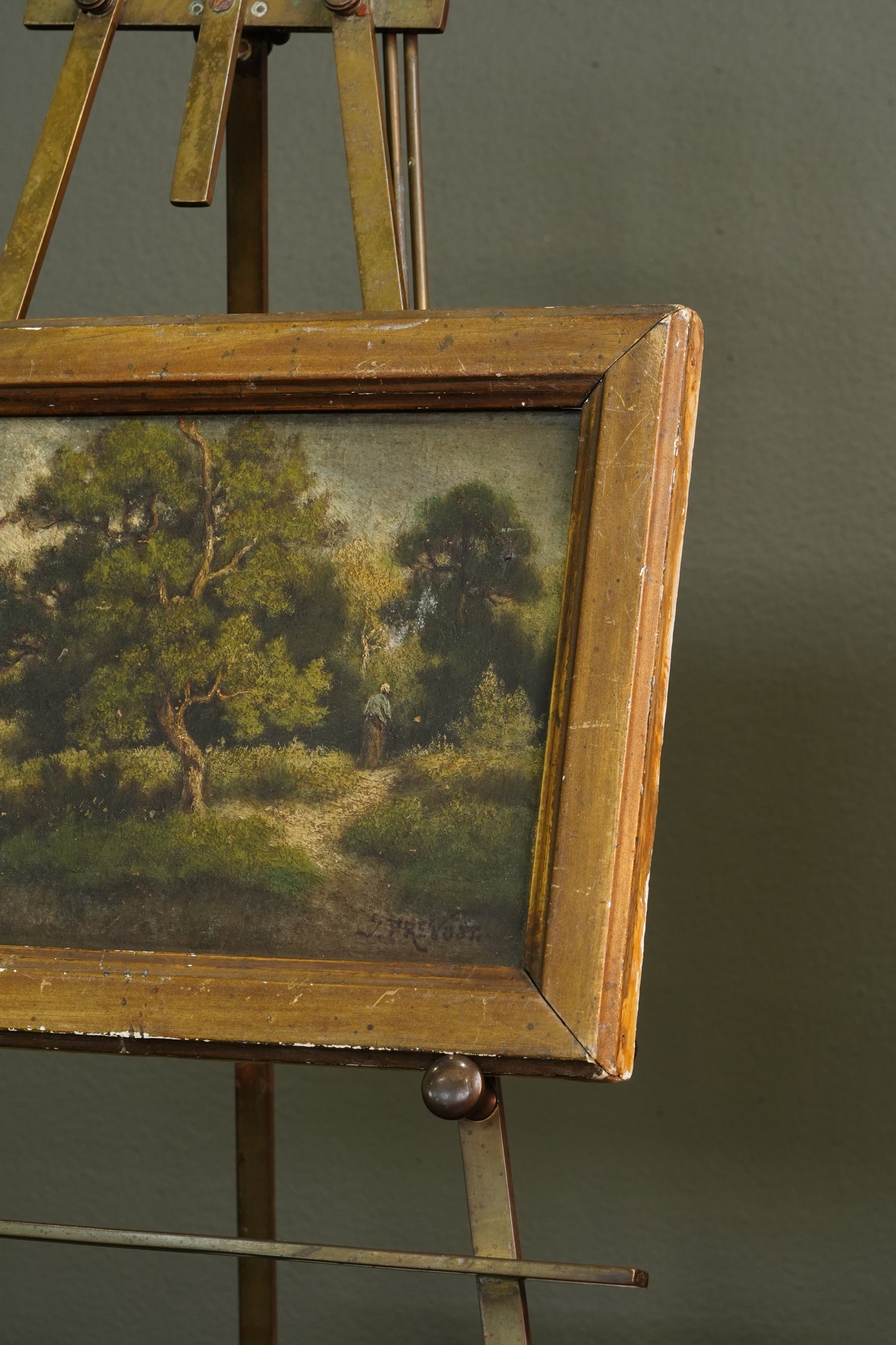 19th Century French Wooded Landscape with Figure on a Path, Oil on Panel