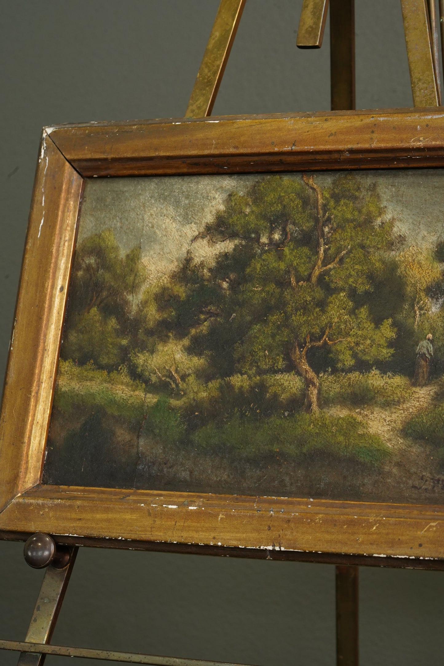 19th Century French Wooded Landscape with Figure on a Path, Oil on Panel