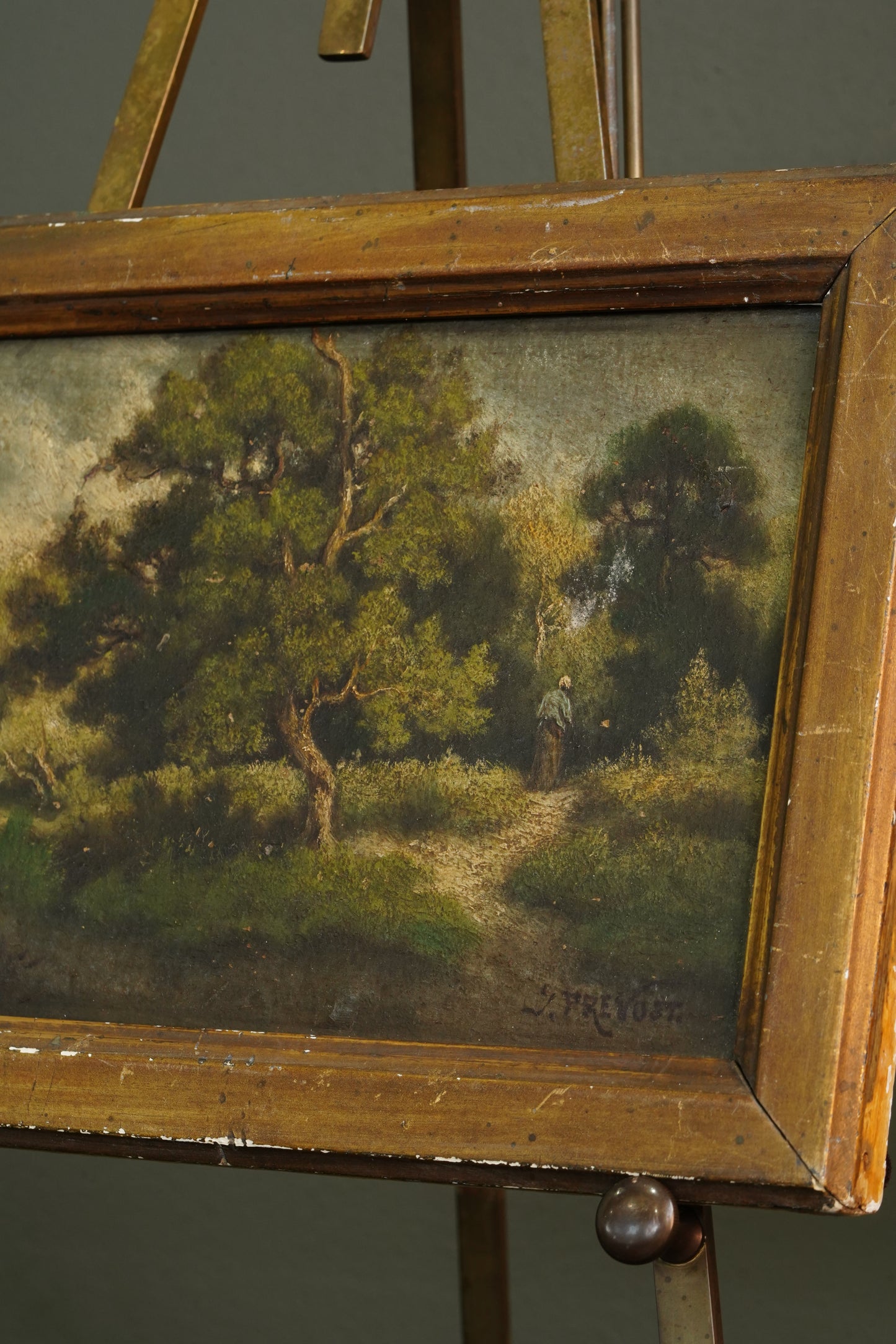 19th Century French Wooded Landscape with Figure on a Path, Oil on Panel