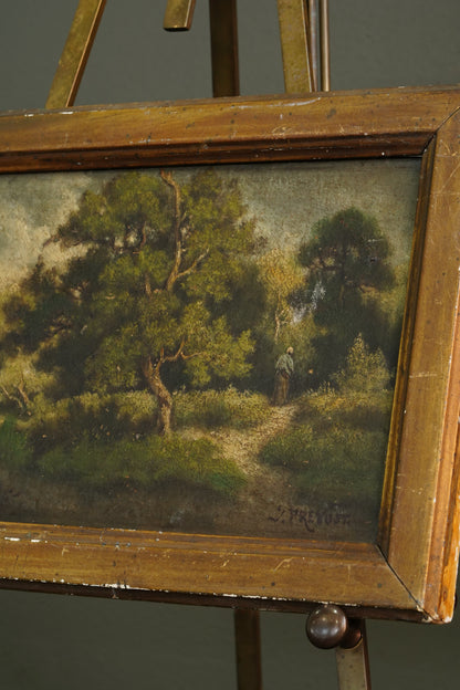 19th Century French Wooded Landscape with Figure on a Path, Oil on Panel