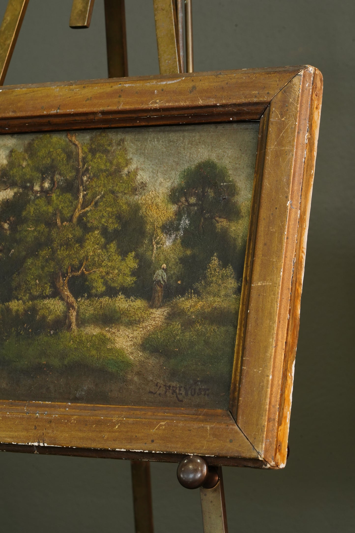 19th Century French Wooded Landscape with Figure on a Path, Oil on Panel
