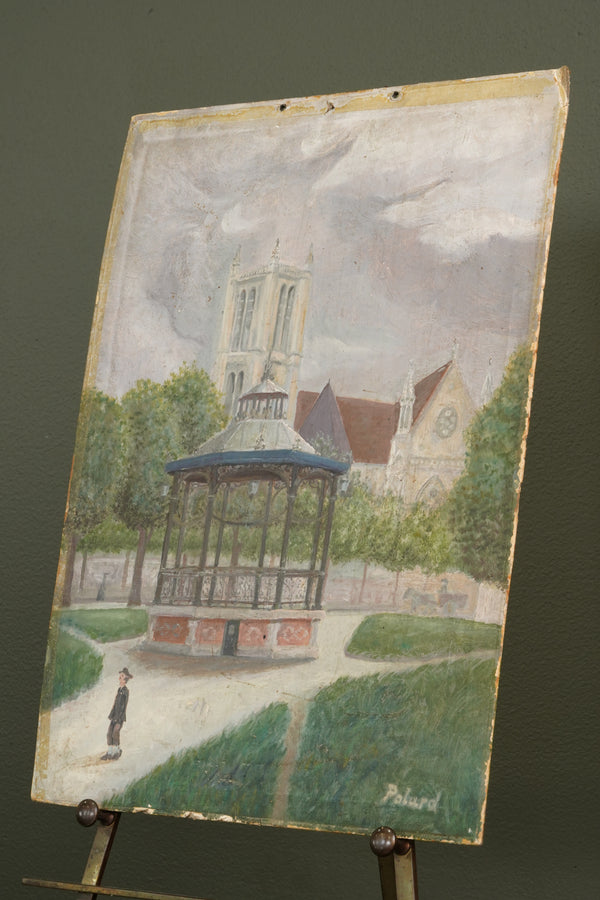 French Naïve Oil Painting Town Square with Bandstand, Signed Polard secondary view