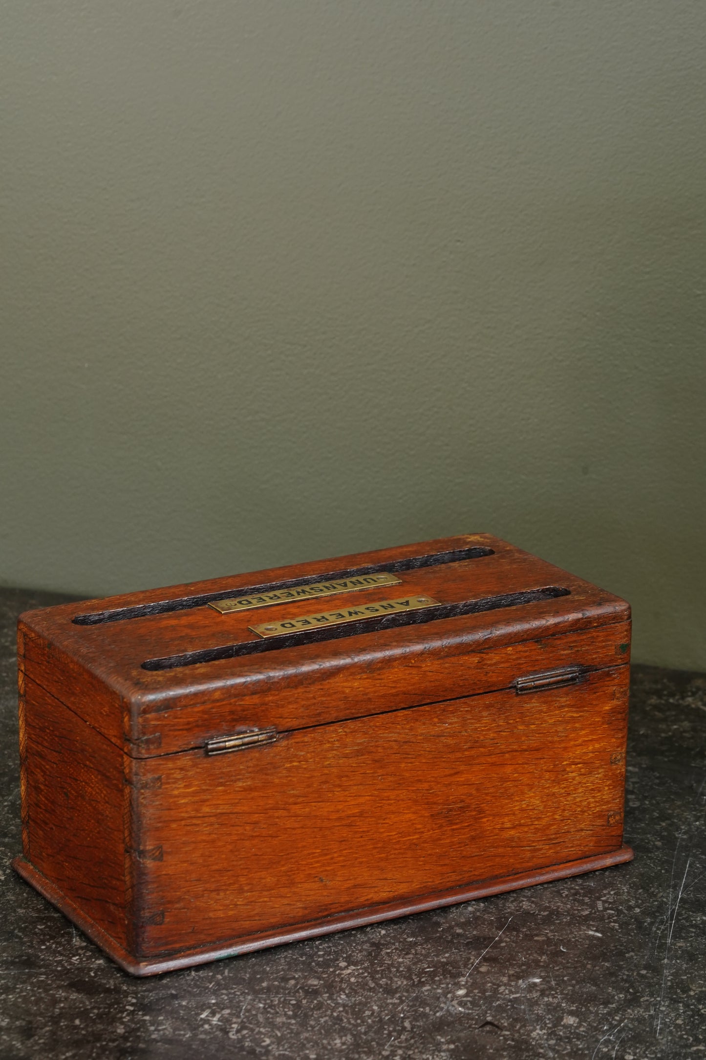 Antique English Oak Answered and Unanswered Letter Box, Circa 1900