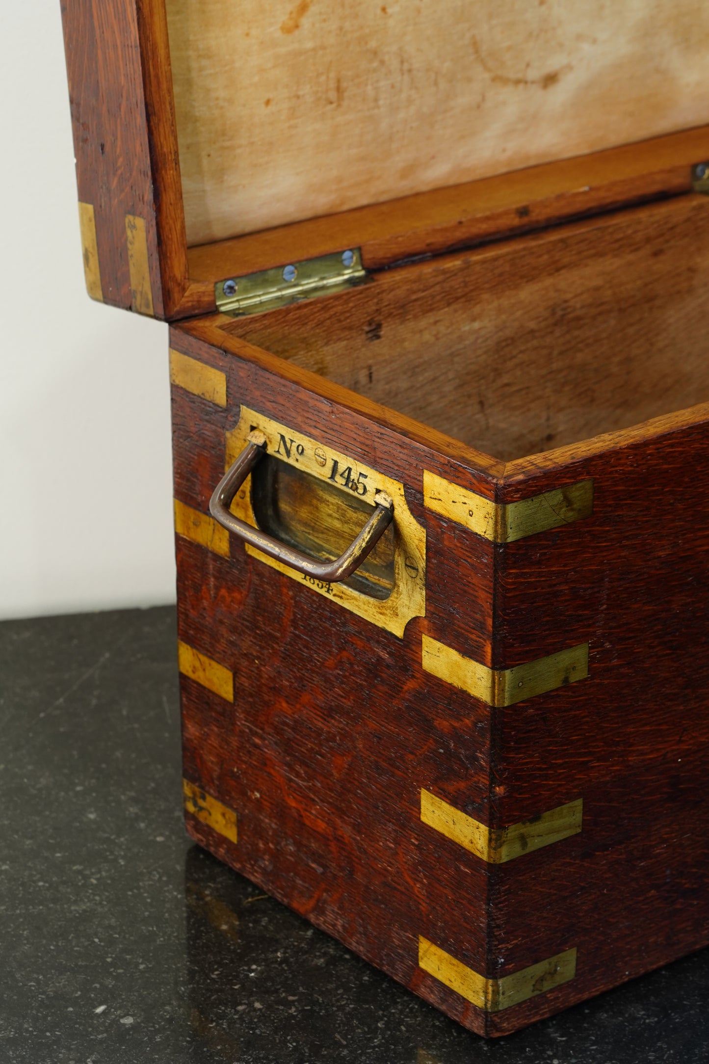 Antique English Brass Bound Oak Campaign Box, Dated 1854