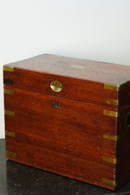 Antique English Brass Bound Oak Campaign Box, Dated 1854