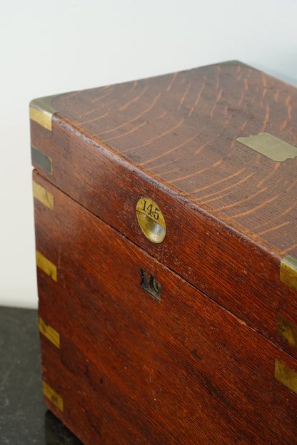Antique English Brass Bound Oak Campaign Box, Dated 1854