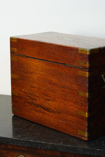 Antique English Brass Bound Oak Campaign Box, Dated 1854