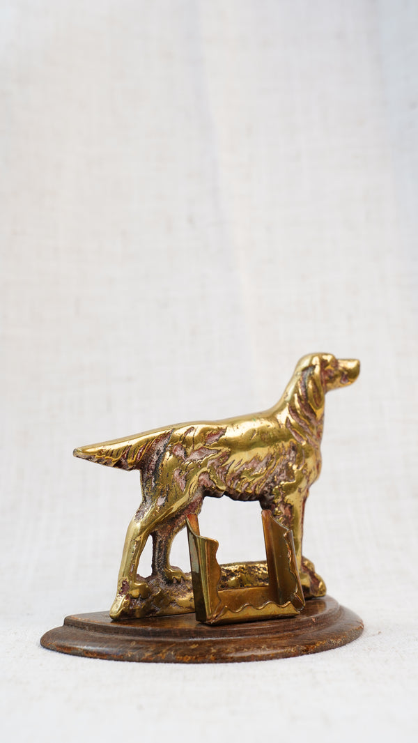 Antique English Brass Setter Dog Matchbox Holder on Wood Plinth secondary view