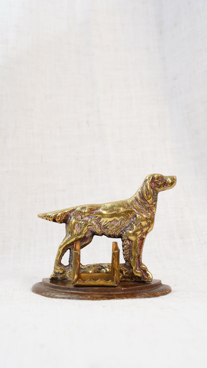 Antique English Brass Setter Dog Figure on Wood Plinth