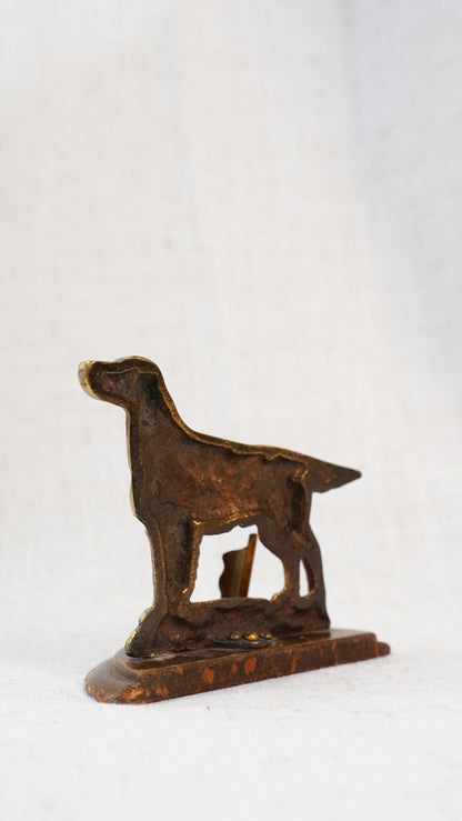 Antique English Brass Setter Dog Figure on Wood Plinth