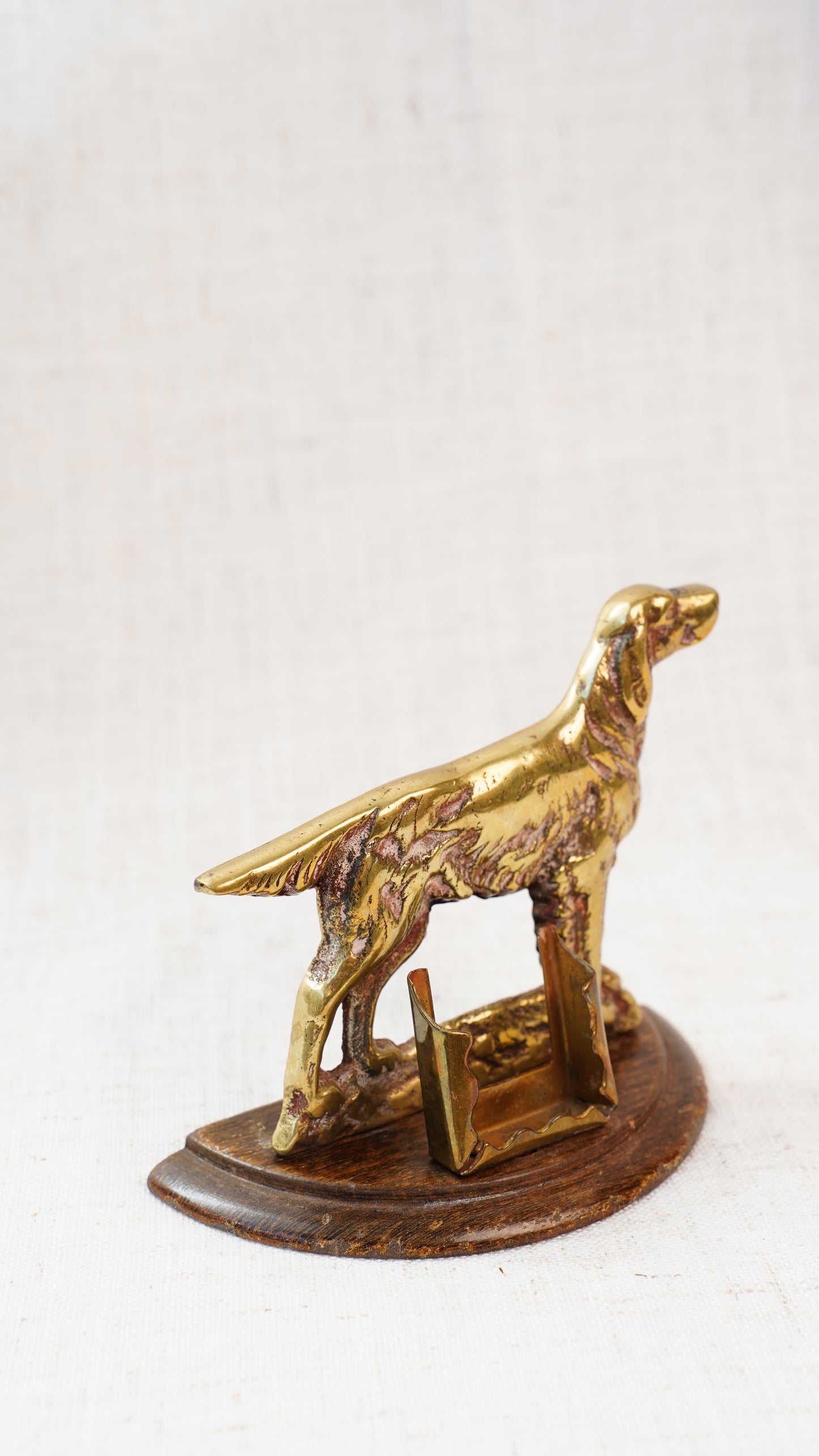 Antique English Brass Setter Dog Figure on Wood Plinth